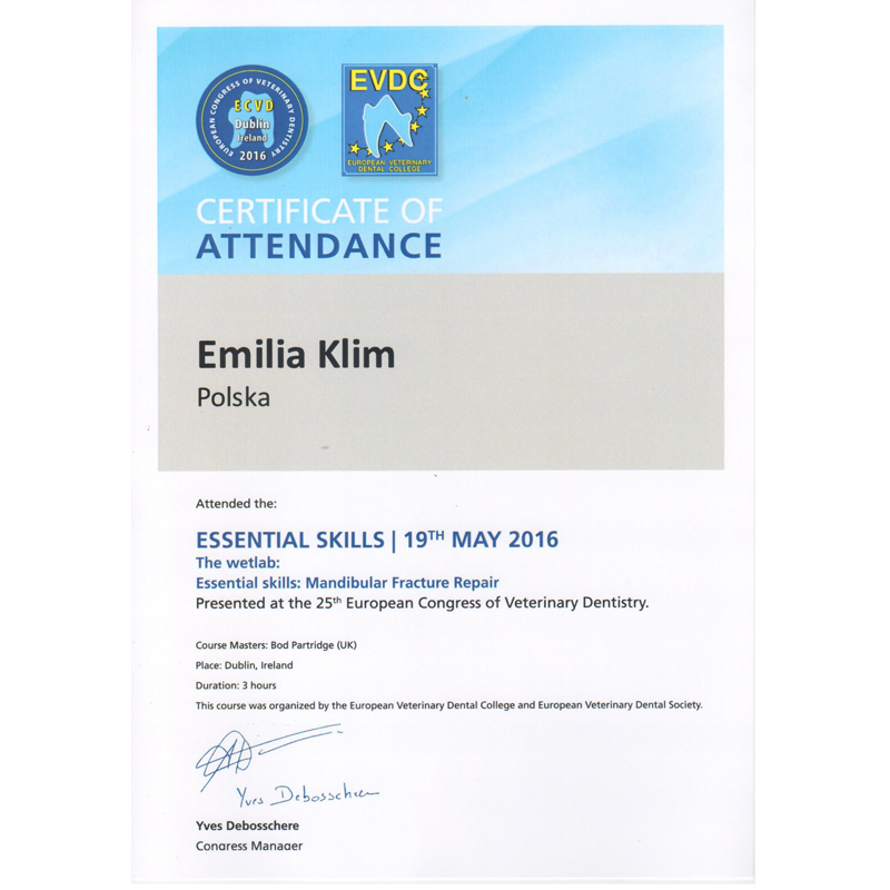 Dyplom z 25-go Europejskiego Kongresu Stomatologii Weterynaryjnej w Dublinie (2016)
